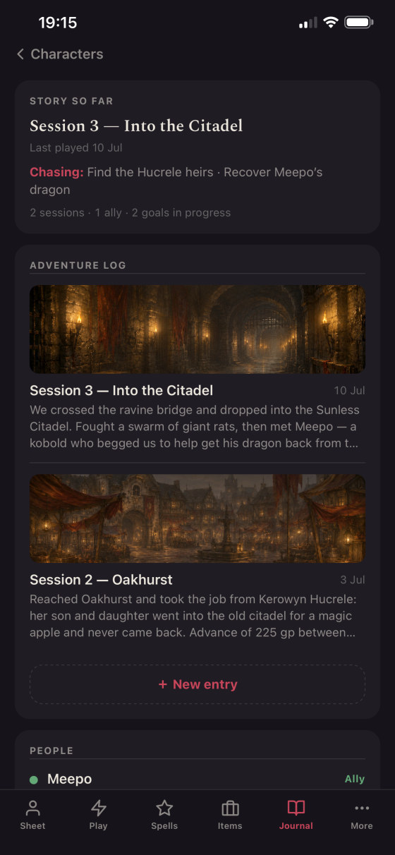Adventure journal — sessions with scene art, people and quests