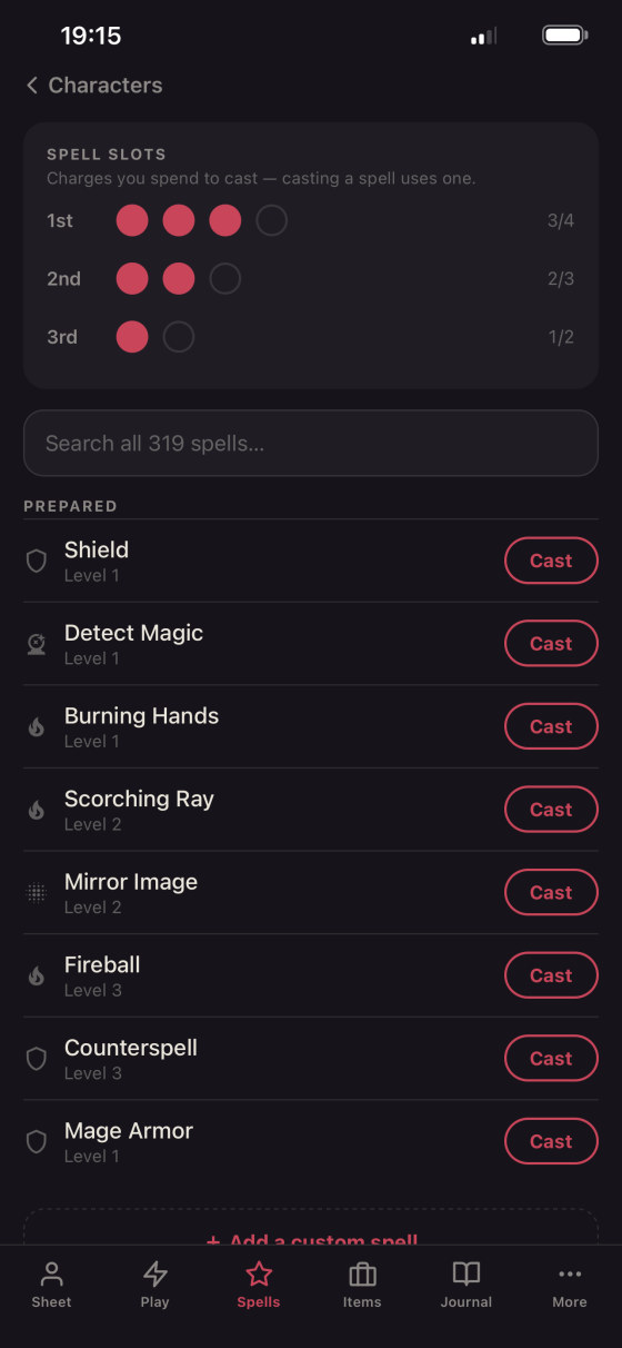Spells tab with one-tap Cast buttons and spell slots