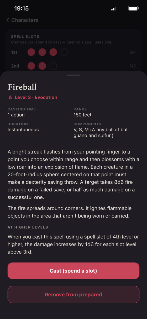 Fireball spell detail with full fifth-edition rules