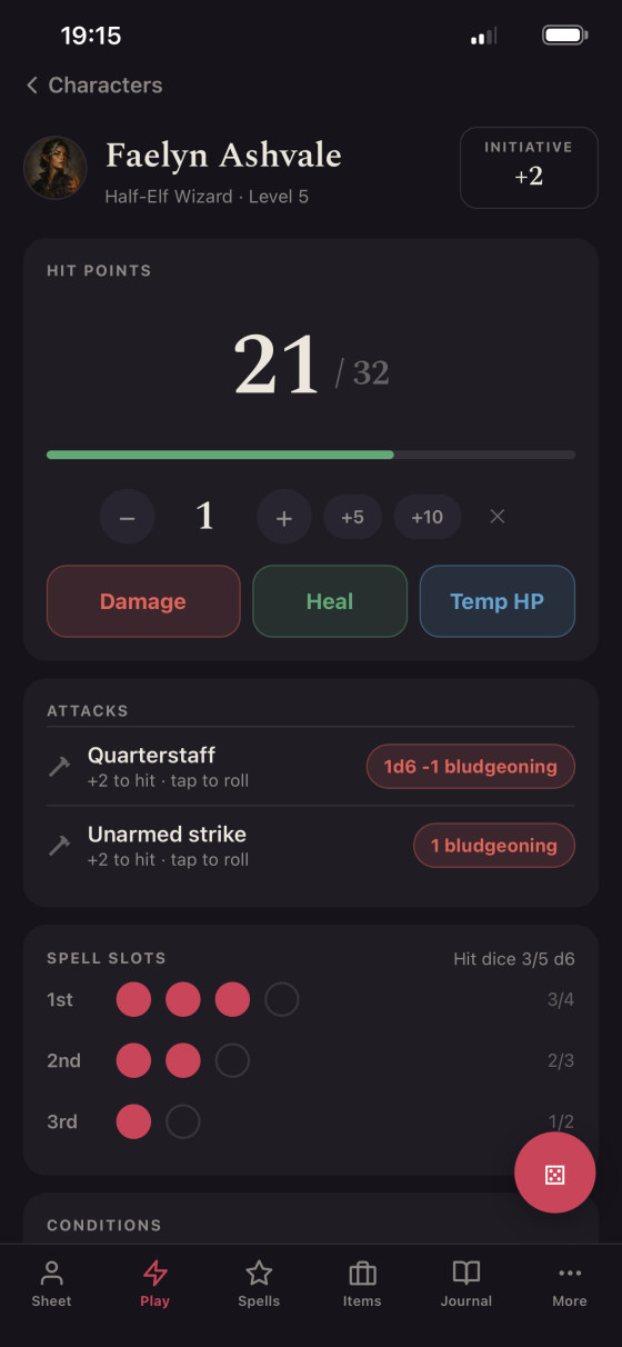 Play tab — hit points, weapon attacks and spell slots