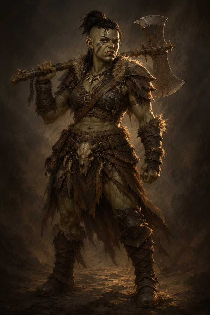 Brakka Ironhide, half-orc barbarian, ready to strike