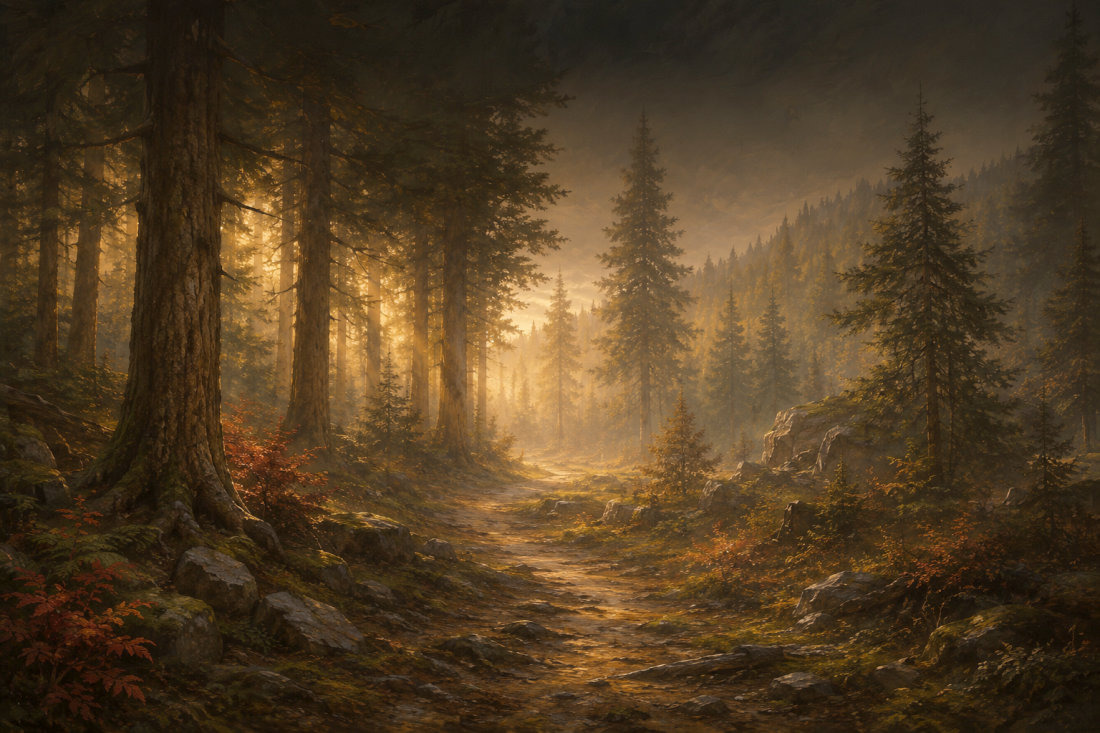 A misty forest path at dawn